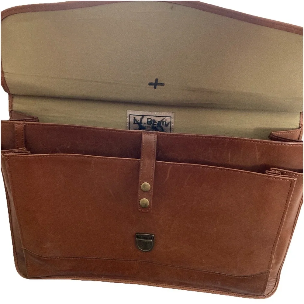 Vtg LL Bean Brown Leather Briefcase Attaché Organizer 17